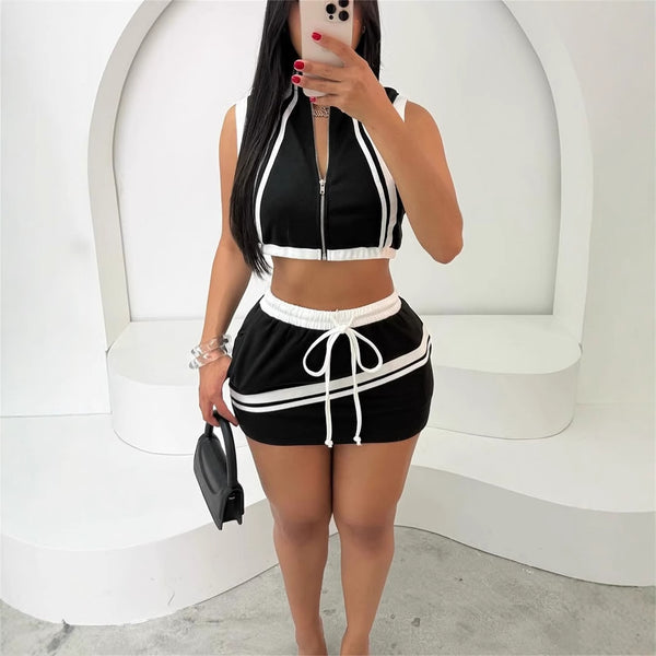 European and American new  fashion slim-fit street zipper sleeveless open-button vest top, hip-wrapped lace-up short skirt set