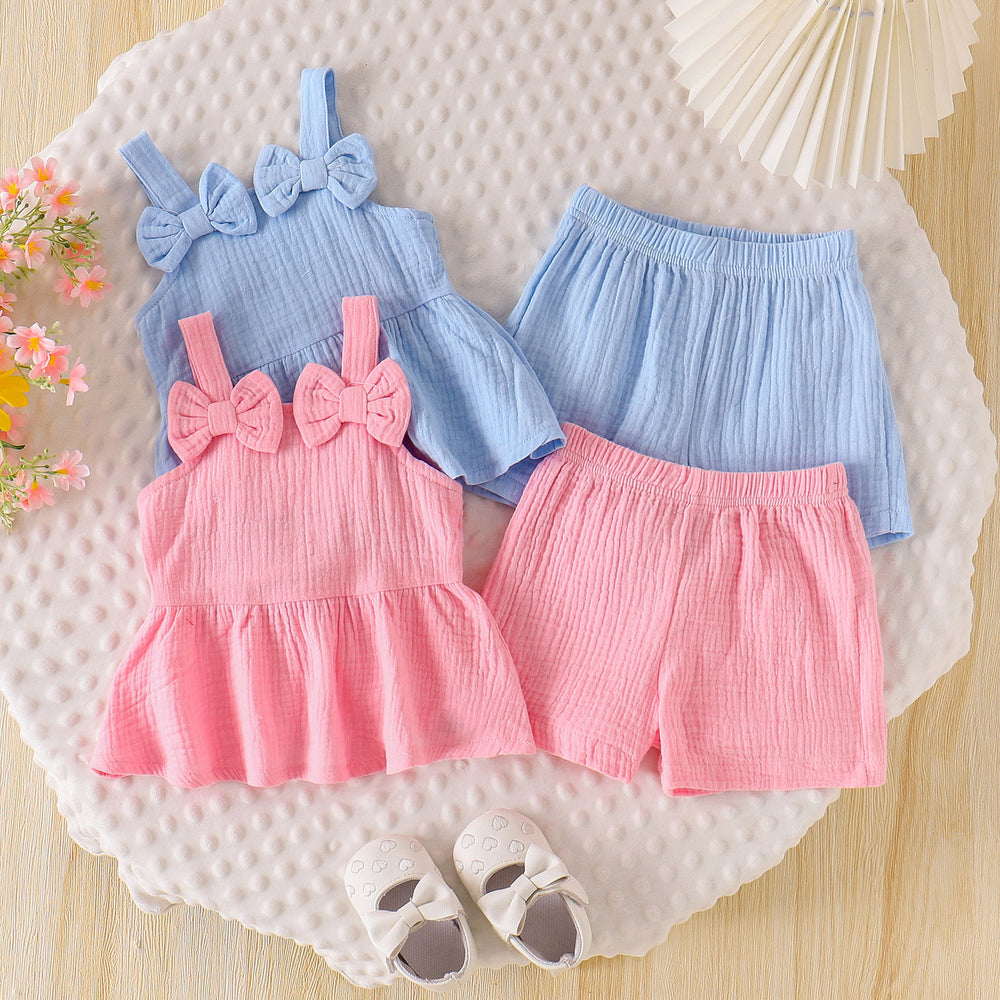 fashionsummernew arrivalbows suspender tops shorts cutesweet baby children's clothing suittwo-piece set