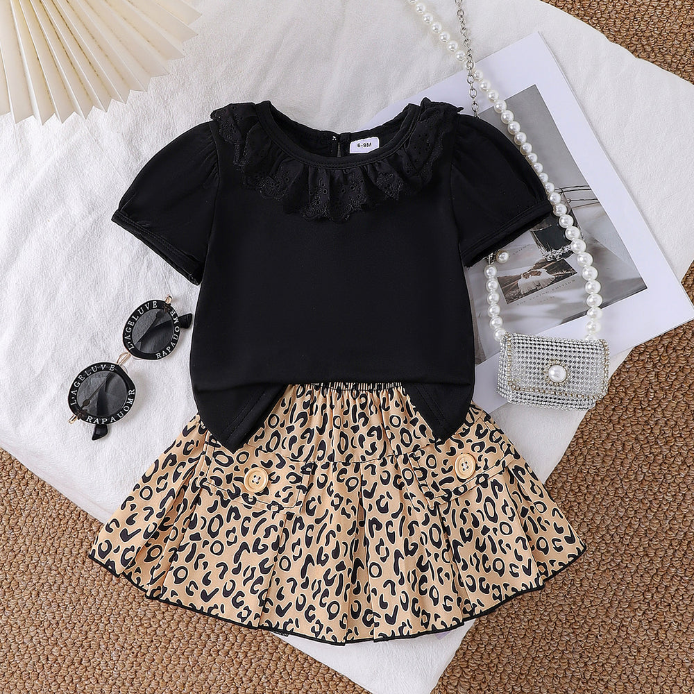 Children's clothing  cross-border fashion black short-sleeved t-shirt leopard print skirt girl new arrival