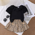 Children's clothing  cross-border fashion black short-sleeved t-shirt leopard print skirt girl new arrival