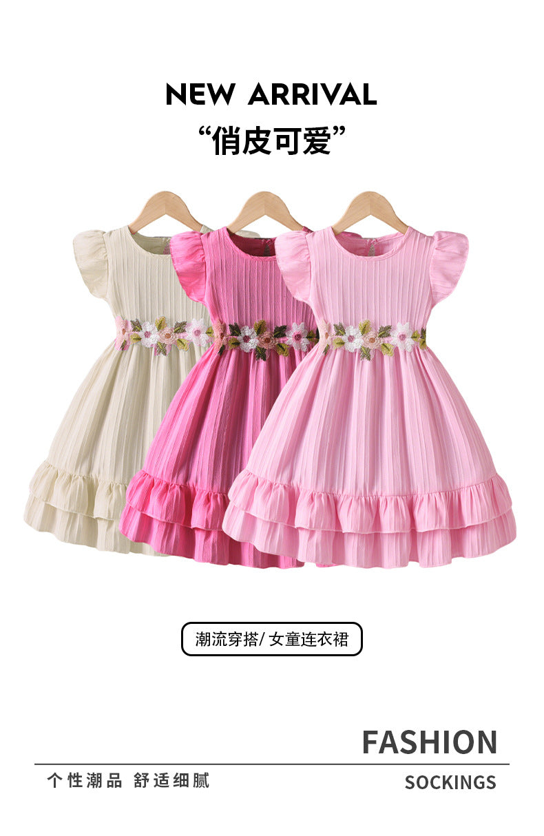 Girls' summer pink dress for export: flutter sleeves, ruffle trim, floral embroidery, belted waist, double-layered skirt, princess style