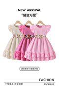 Girls' summer pink dress for export: flutter sleeves, ruffle trim, floral embroidery, belted waist, double-layered skirt, princess style