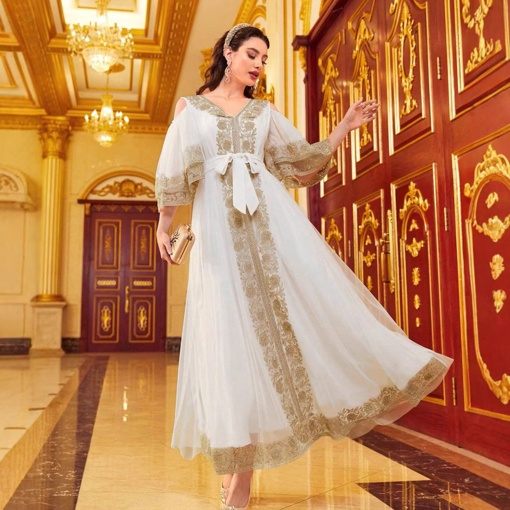 High-end elegant green embroidered a-line off-the-shoulder dress - women's mesh wide sleeve cinched waist tie-up maxi dress - perfect for work or special occasions