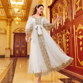 High-end elegant green embroidered a-line off-the-shoulder dress - women's mesh wide sleeve cinched waist tie-up maxi dress - perfect for work or special occasions