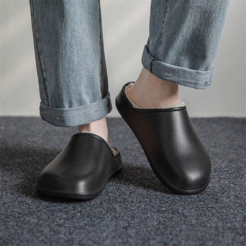 Waterproof eva fleece-lined cotton slippers for men, winter outdoor wear, couple's home indoor warm closed-toe half slippers, women's cotton slippers