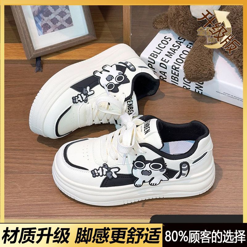 Simple pink women's shoes cute kitten white shoes women  spring and autumn new cartoon student thick solek-style sneakers