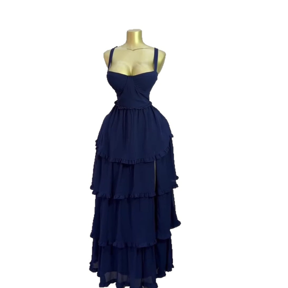 European and american cross-border women's fashion:  summer new arrival - elegant high-waisted blue slit cami dress with ruffle trim