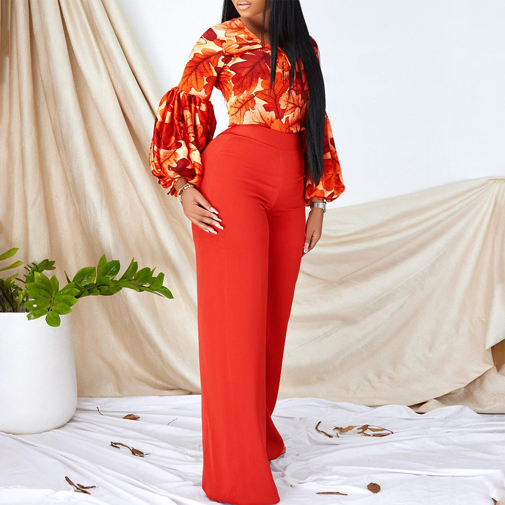 D386  plus size women's new fashion printed tie-up top and wide-leg pants two-piece set - european and american style