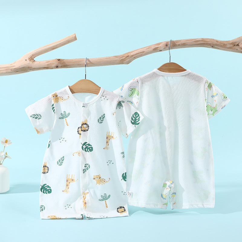 Baby short-sleeve snap-crotch romper, infant home air conditioning suit, breathable mesh crawling jumpsuit for 0-2 year olds