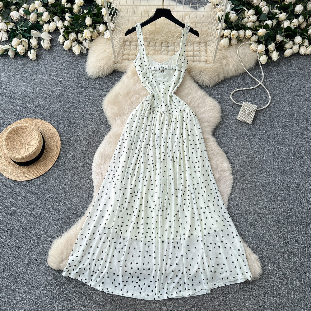 French polka dot suspender pure desire backless dress women's summer k-style sleeveless waist slimming lookelegant long skirt holiday style
