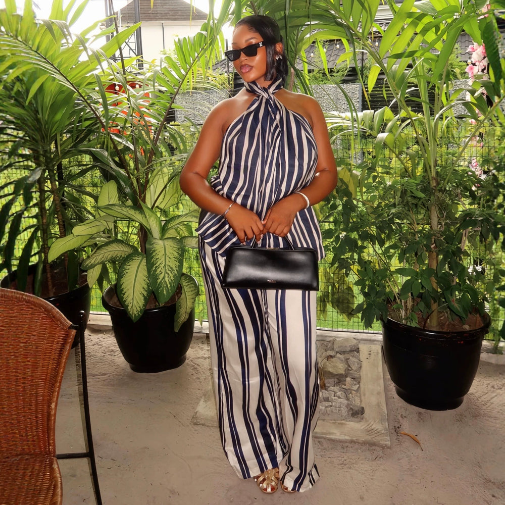 European and american cross-border women's fashion:  summer new collection - stylish and elegant striped sleeveless halter top with high-waisted pants set