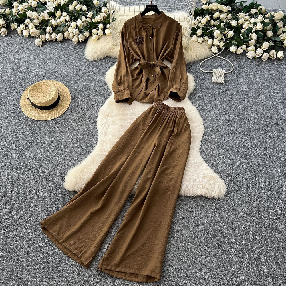 Casualsuit women's light mature style classy sense of strap flower long sleevesshirthigh waistloose pantsstraight-leg pantsfashionsuit