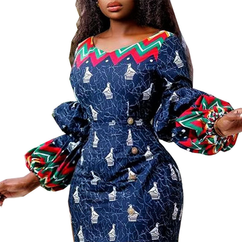 European, american, and african fashion cross-border  new print slim-fit maxi dress with lantern sleeves - special offer