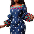 European, american, and african fashion cross-border  new print slim-fit maxi dress with lantern sleeves - special offer