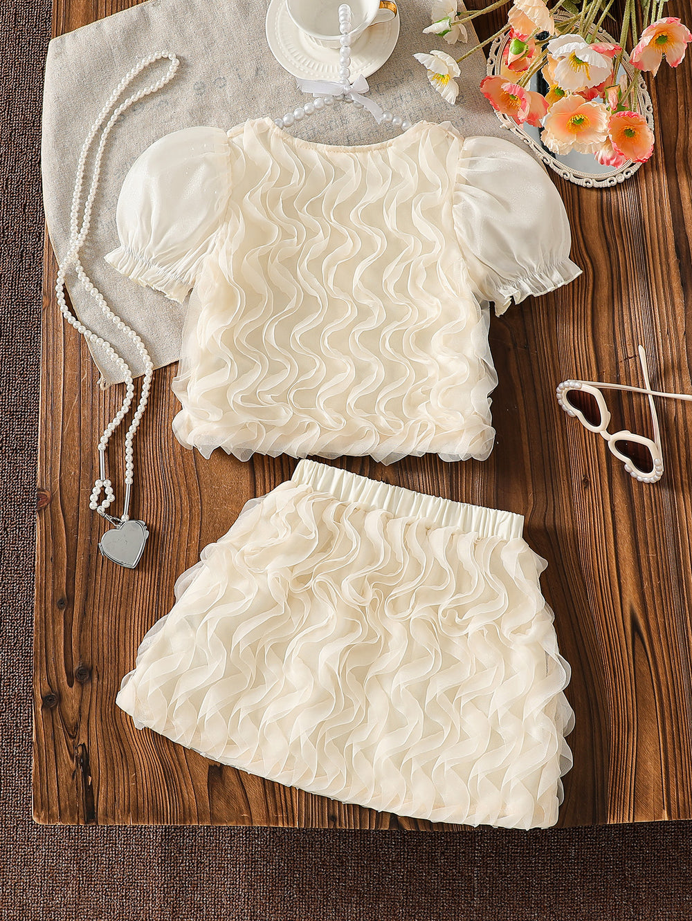 summer cross-border e-commerce 3d mesh wave patchwork top and skirt two-piece set