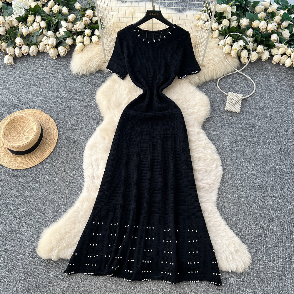 French chic high-end beaded round neck short sleeve hollow-out knit dress - women's slimming waist sweater dress
