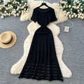 French chic high-end beaded round neck short sleeve hollow-out knit dress - women's slimming waist sweater dress