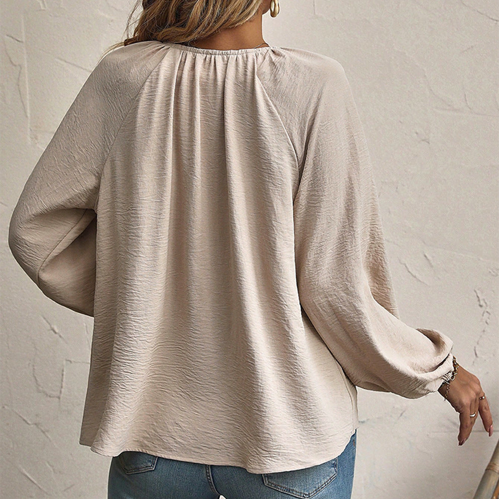 cross-border fashion raglan sleeve tie-front v-neck casual comfortable loose fit long sleeve top/blouse