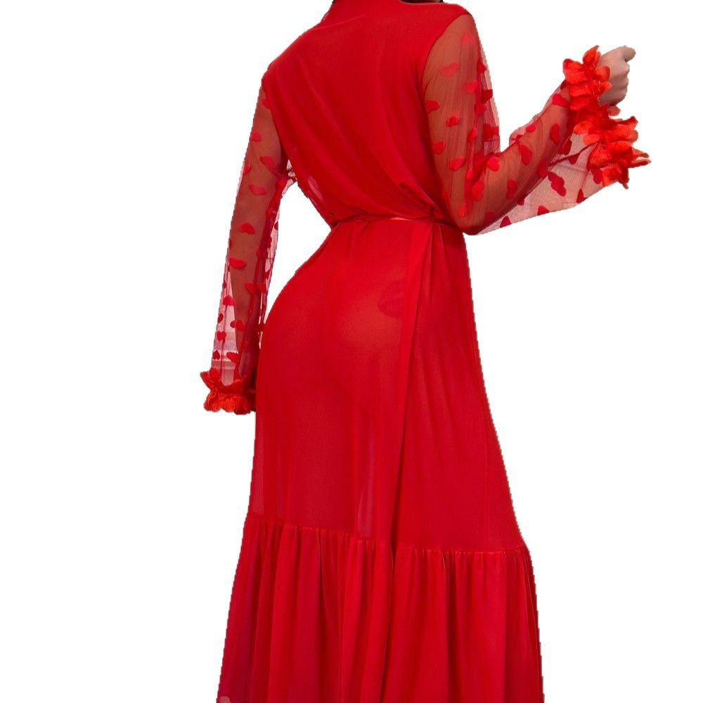 New european and american cross-border lingerie: sexy heart mesh robe, nightgown, loungewear, and erotic set wholesale
