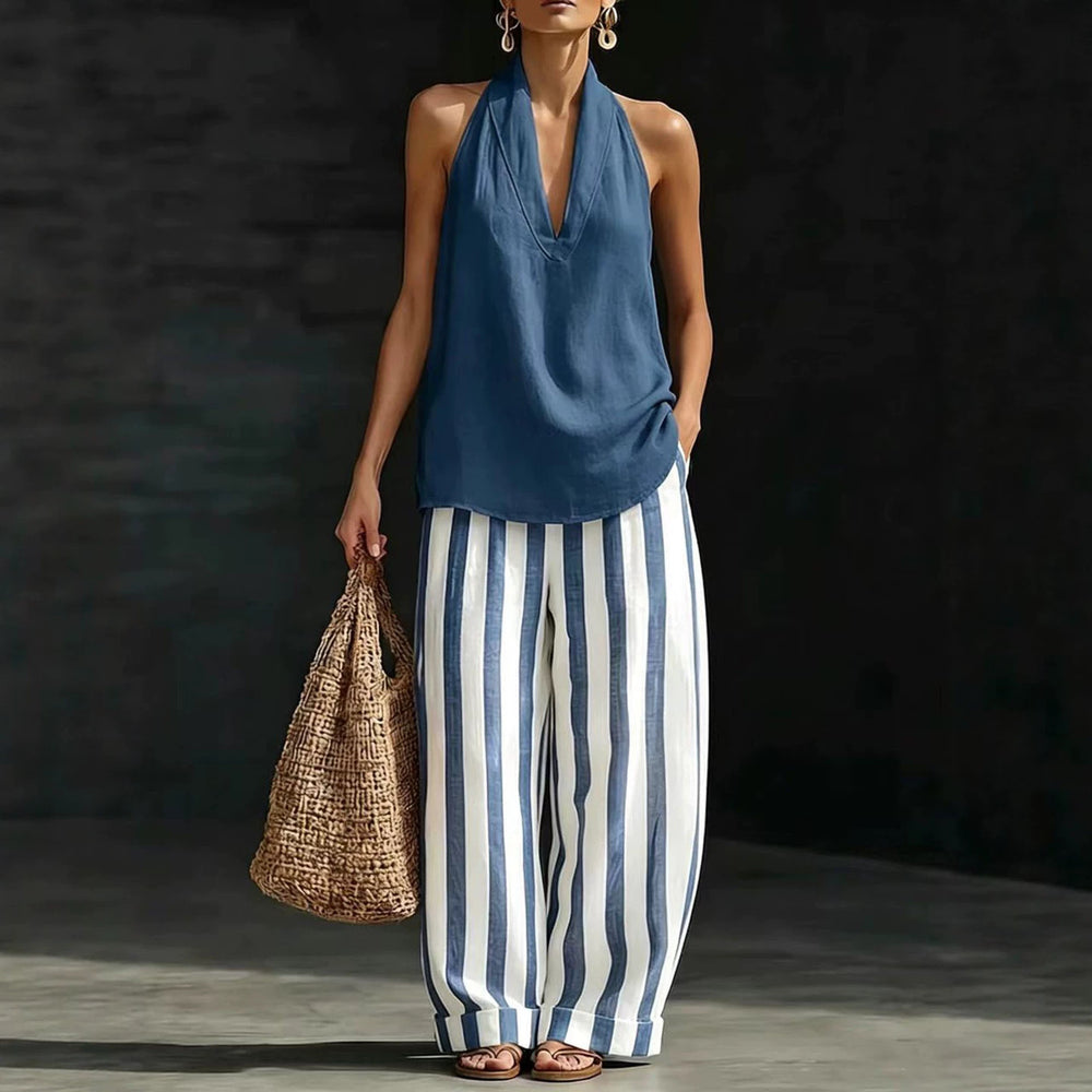 fashion  summer new style halter v neck stripes linen suit holiday style loose pants two