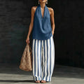fashion  summer new style halter v neck stripes linen suit holiday style loose pants two