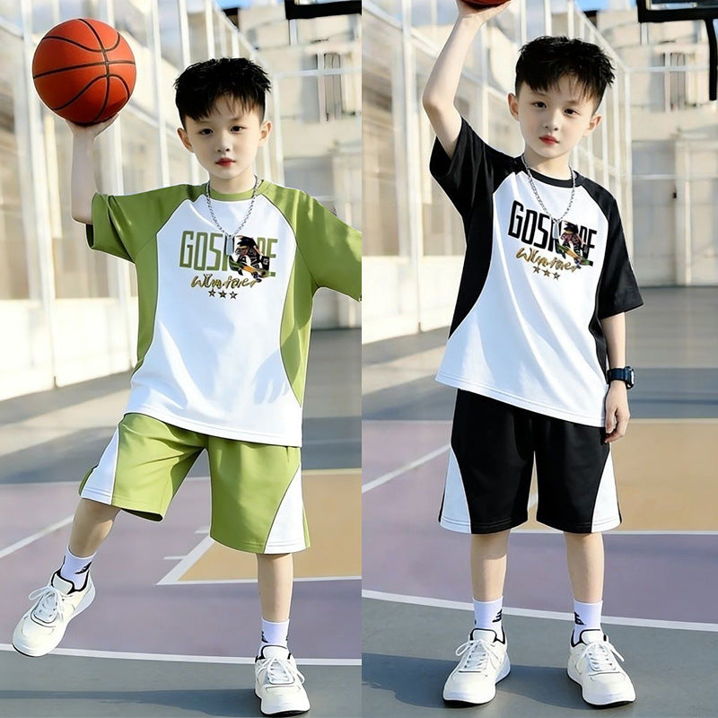 Kids'  short-sleeve & shorts set - trendy boys' basketball outfit - mid-to-large size - new summer sports two-piece set for boys