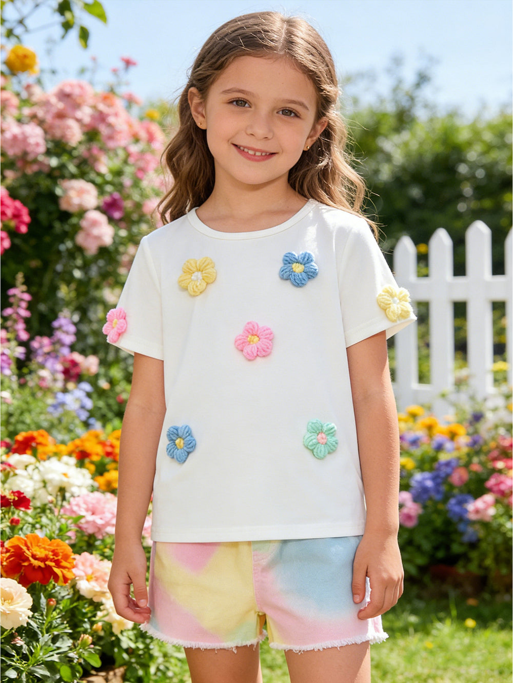 new cross-border girls' round neck 3d floral top + iridescent denim pants two-piece set