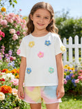 new cross-border girls' round neck 3d floral top + iridescent denim pants two-piece set