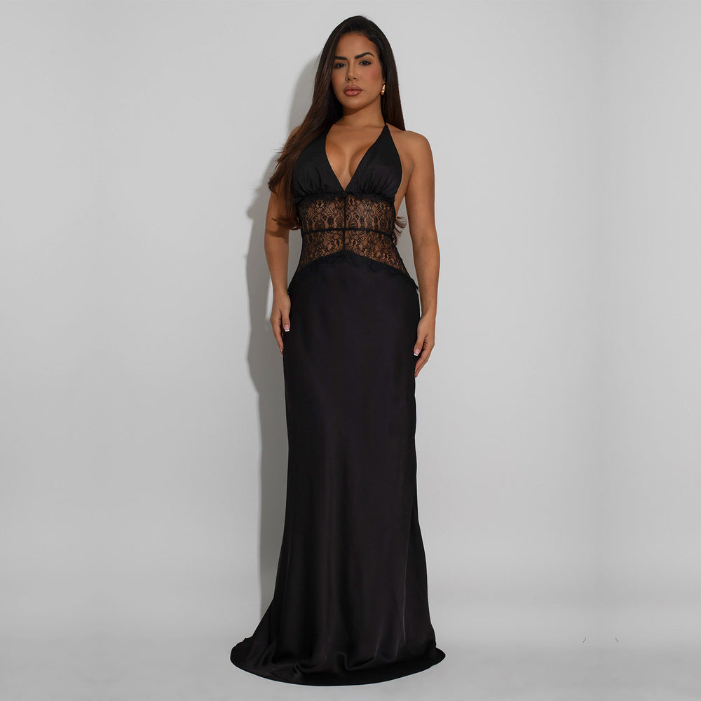C7546 cross-border   fashion women's sexy lace v-neck patchwork backless dress