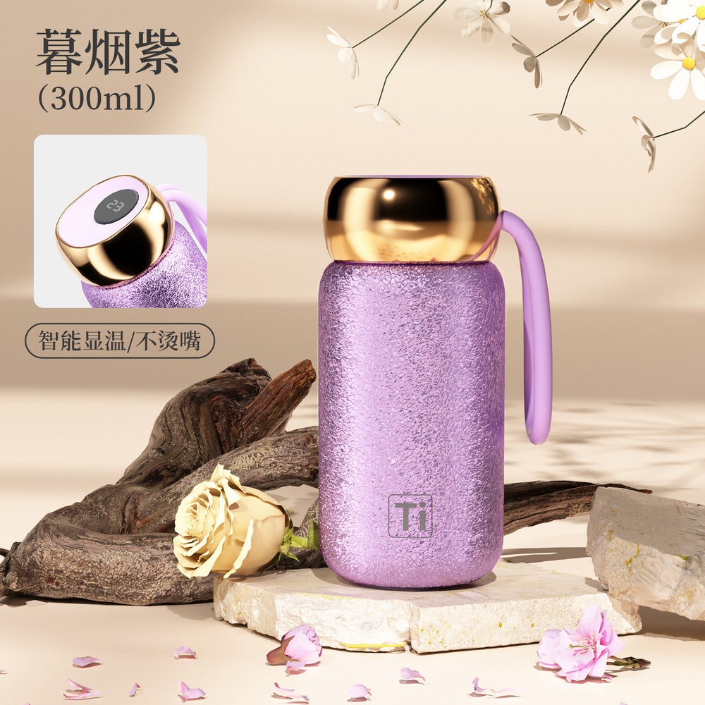 New smart temperature display insulated mug with titanium coated liner, vacuum insulated, outdoor portable mini pocket cup