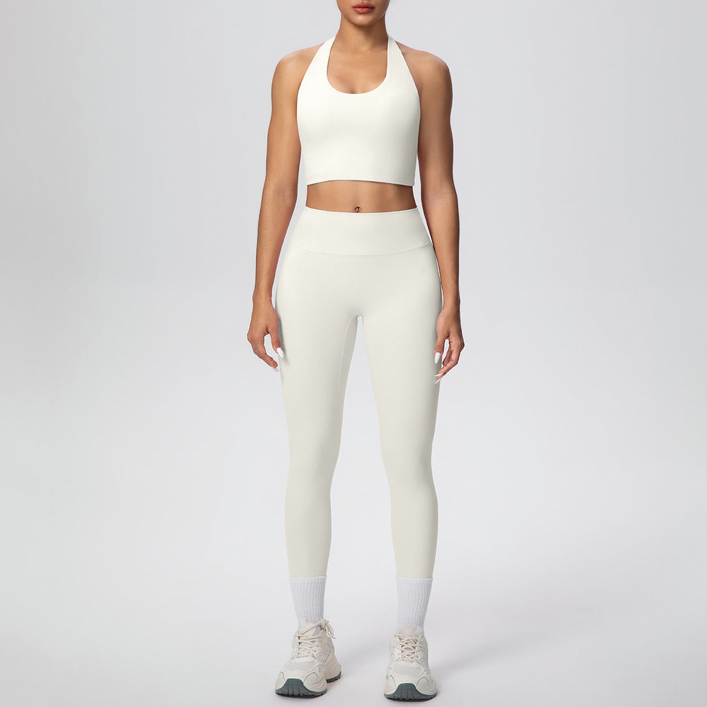New arrival cross-border pure color double-sided brushed halter nine-point pants yoga suit sports running fitness two-piece set for women