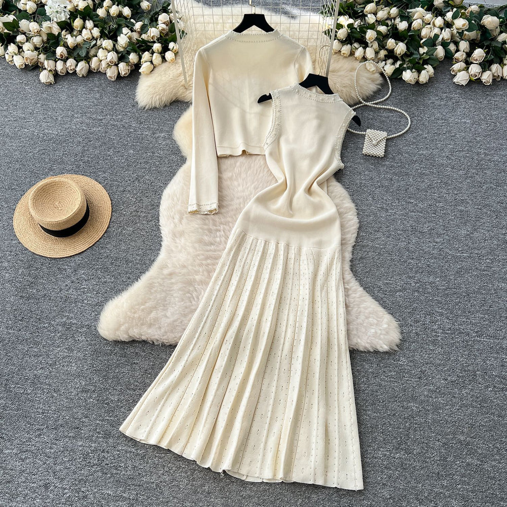 Classy tweed style outfit women's autumn fashion beading round neck sleeveless knittingdresslong sleevecardiganoutwear