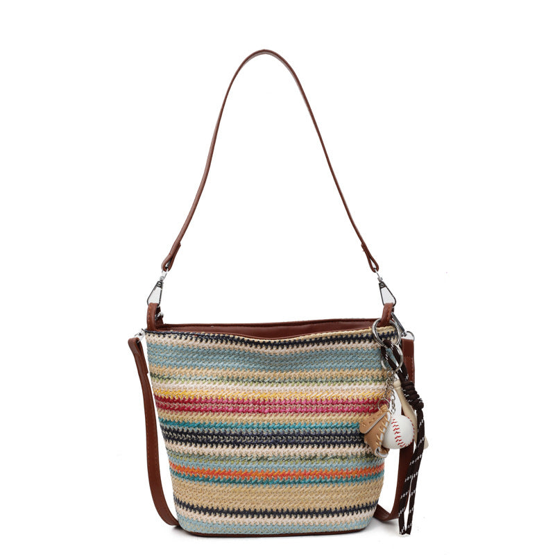 New arrival bucket bag niche style woven bag stripes shoulder bag trendy armpit bag fashion straw bag satchel crossbody bag