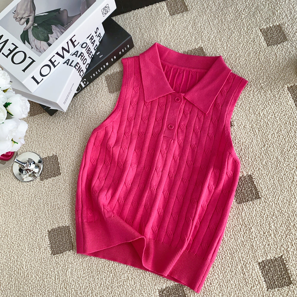 Korean chic summer french style sleeveless knit polo top - slim fit, versatile solid color tank top