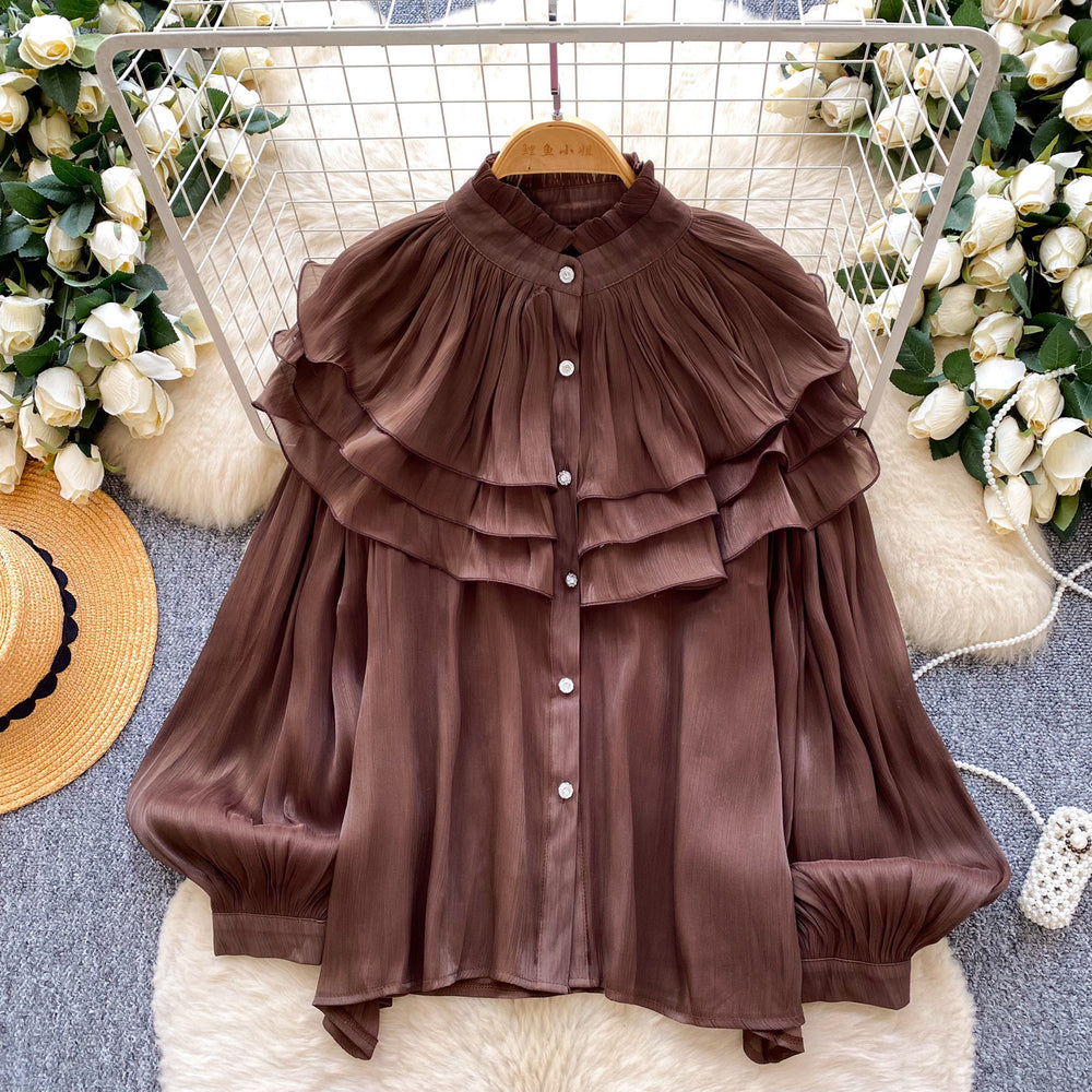 French retro court style wood ear trim blouse - women's early spring outfit, long sleeve ruffle detail, designer commute top