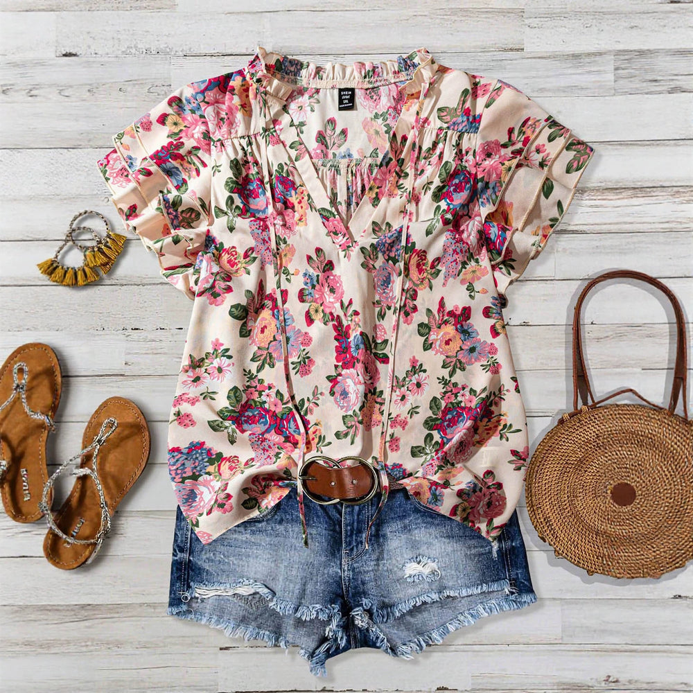 Export plus size casual floral shirt with fungus edge neckline and straps v neck full-width flower printing short-sleeved snow