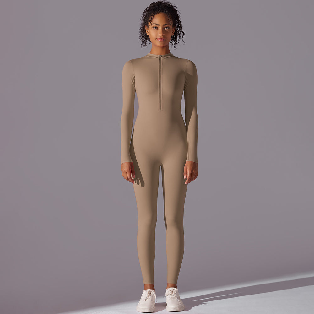 fashionpure color high elastic half-open zipper tight long jumpsuit sports running fitness long sleeves yoga clothes
