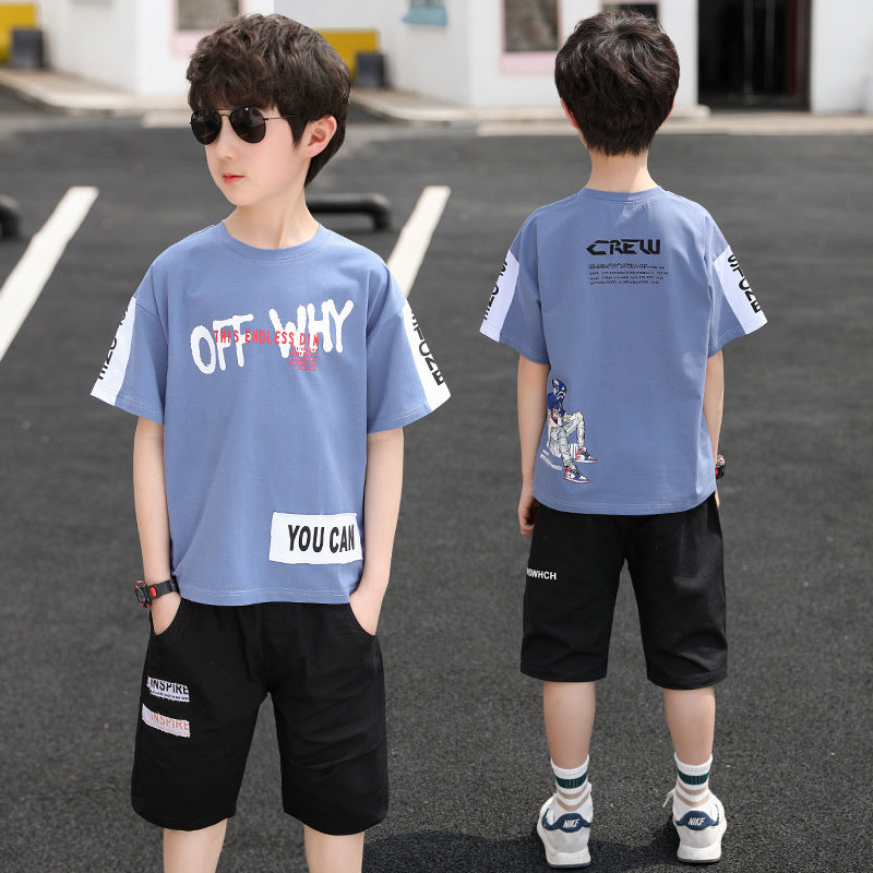 Boys' summer outfit: lightweight short-sleeve sports set - breathable two-piece casual set for older boys - trendy brand