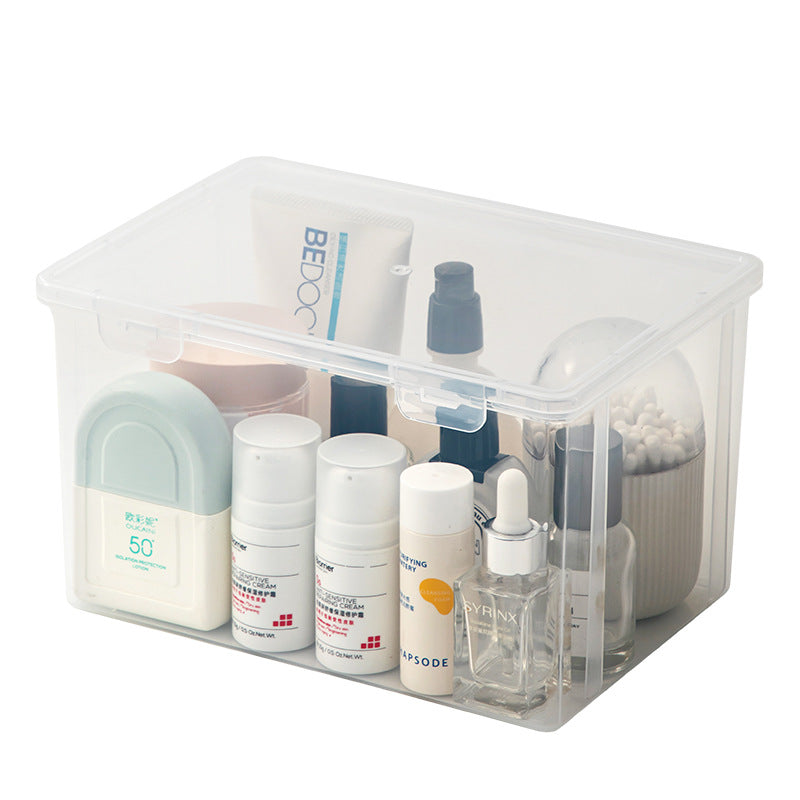 Long makeup brush, mask storage box, transparent rectangular box with lid, covered dresser, skin care product storage box.