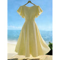 Women's summer new french chic casual solid color ruffle trim v-neck a-line maxi dress