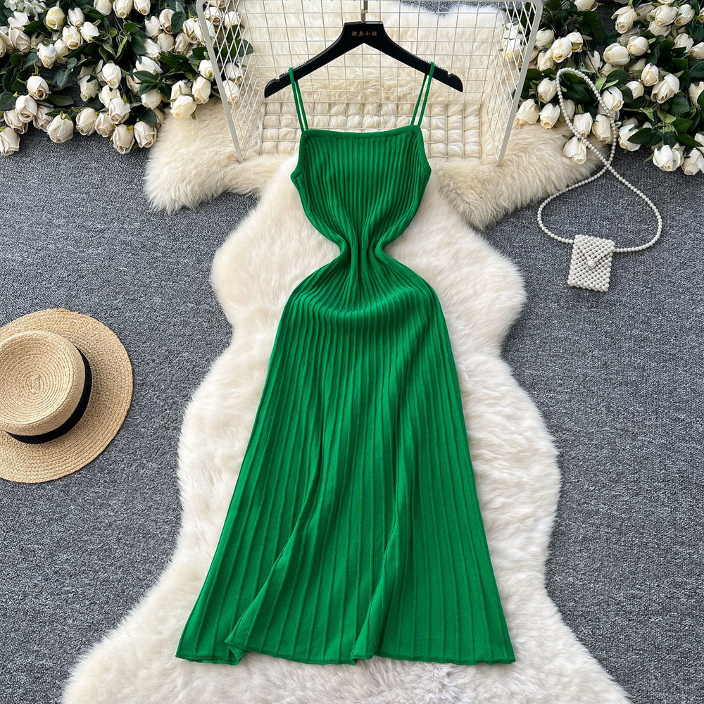 Women's summer dress  new arrival: elegant and chic spaghetti strap knit dress with vertical stripes - slimming, waist-defining, and perfect for layering