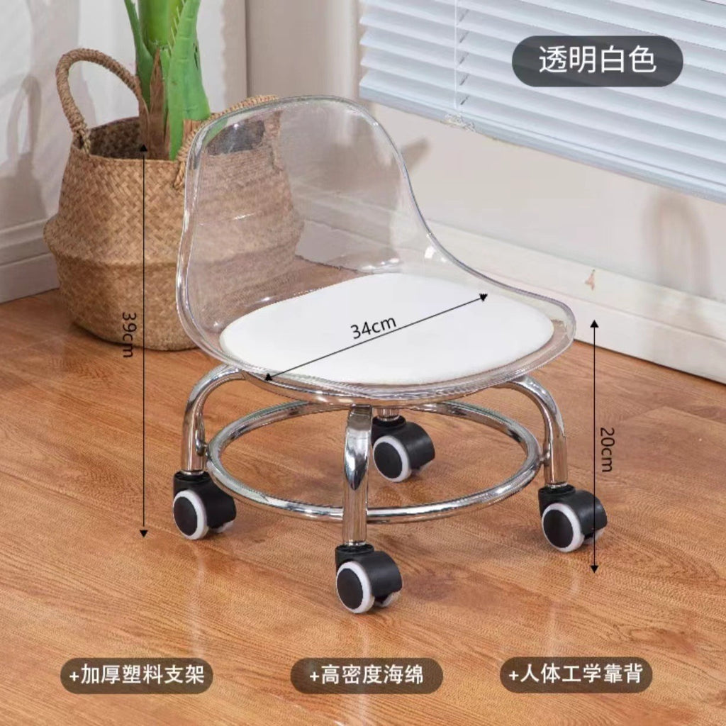 Acrylic universal wheel low stool silent transparent backrest small chair with baby pulley low stool Internet celebrity shoe changing stool