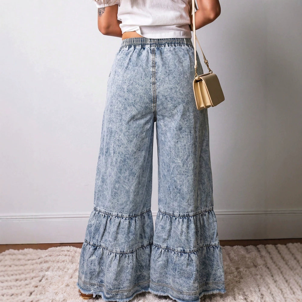 Fashionjeans women's elastic waist washed distressed rufflespatchworkloose pants export hot girl denim pants