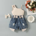 hot-selling girls' designer one-shoulder cami top + bowknot cropped shorts two-piece set