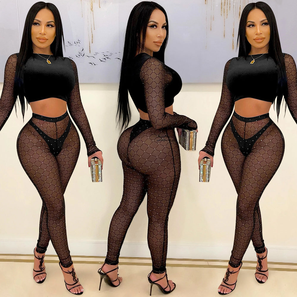 X5561 european and american fashion new women's sexy color block long sleeve cropped top and mesh rhinestone pants two-piece set