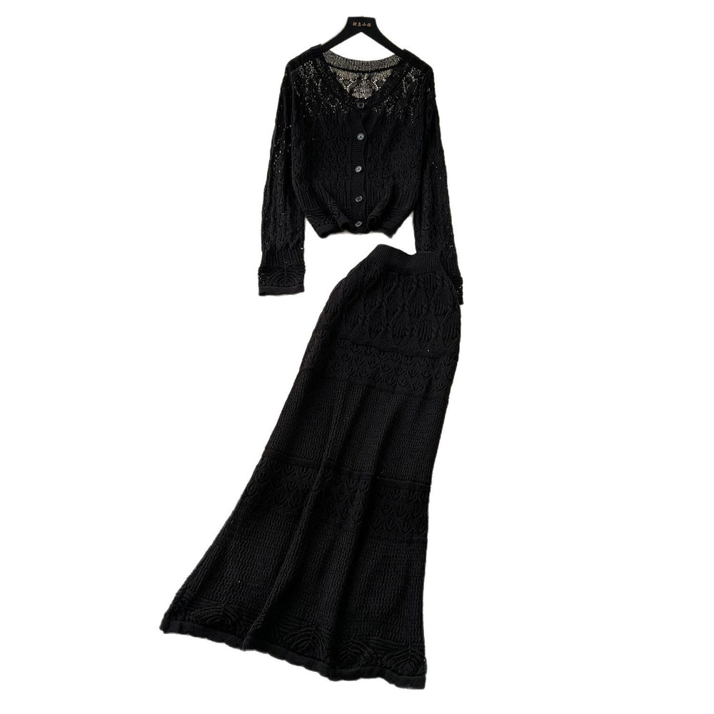Elegant two-piece set: korean style soft hollow-out crochet round neck knit cardigan top + high-waisted bodycon midi skirt