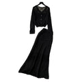 Elegant two-piece set: korean style soft hollow-out crochet round neck knit cardigan top + high-waisted bodycon midi skirt