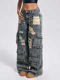 Distressed ripped workwear jeans for women, high-waisted, multi-pocket design, loose straight-leg, wide-leg, floor-sweeping style,  new arrival