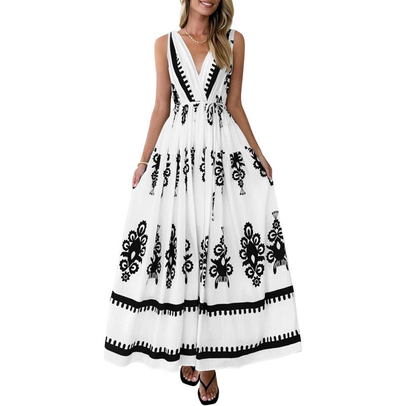 Amazon fashion v neck sleeveless suspender skirt women's  summer bohemia style beach vacation skirt