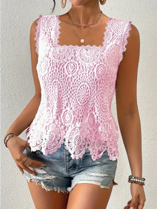 Women's elegant square neck lace cutout sleeveless top - breathable summer blouse solid color fashion vest european and american style